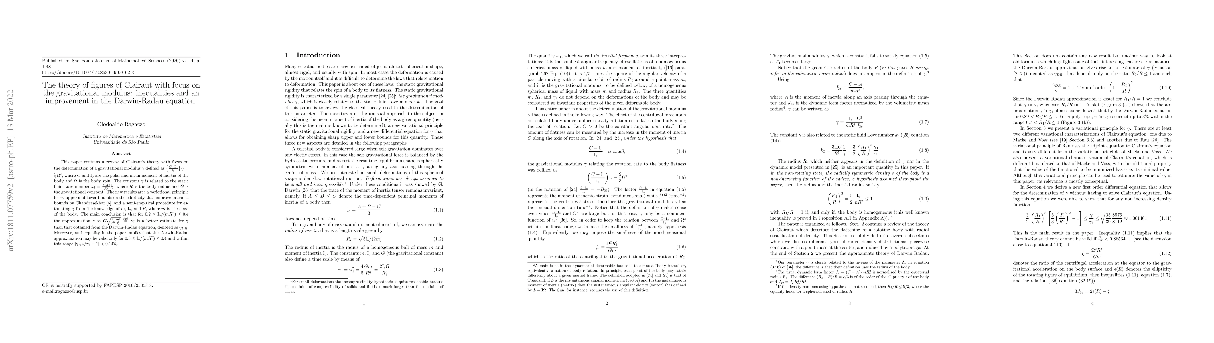Thumbnail for The theory of figures of Clairaut with focus on the gravitational
  rigidity modulus: inequalities and an improvement in the Darwin-Radau
  equation