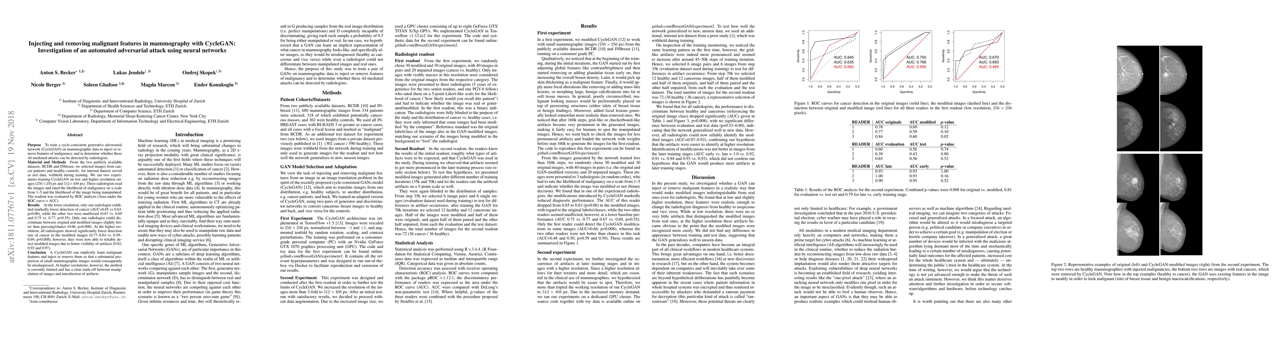 Thumbnail for Injecting and removing malignant features in mammography with CycleGAN:
  Investigation of an automated adversarial attack using neural networks