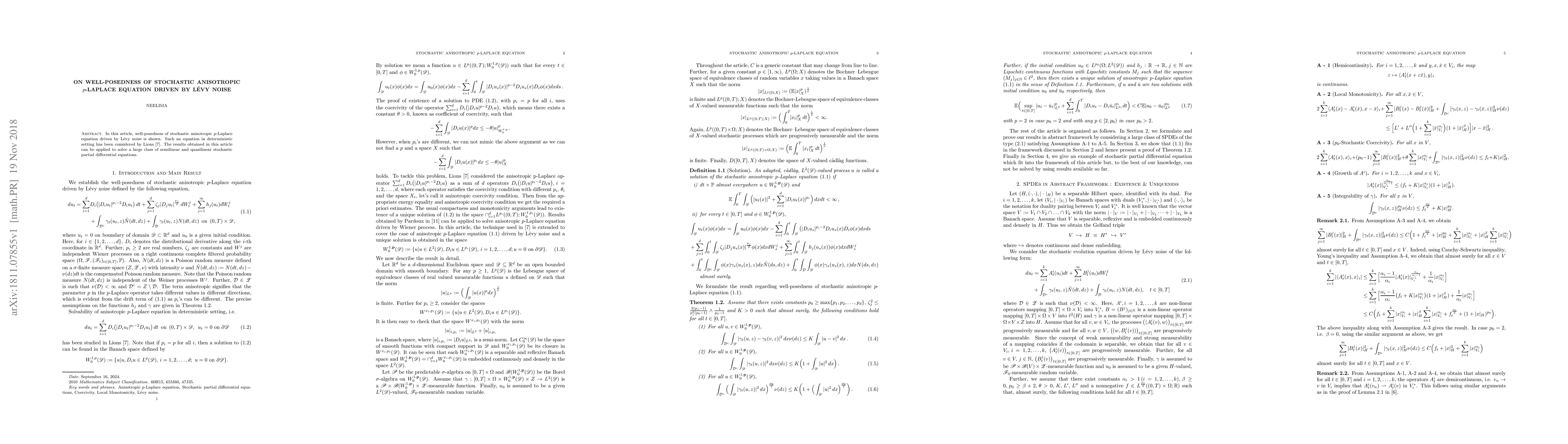Thumbnail for On Well-posedness of Stochastic Anisotropic $p$-Laplace Equation Driven
  by L\'evy noise