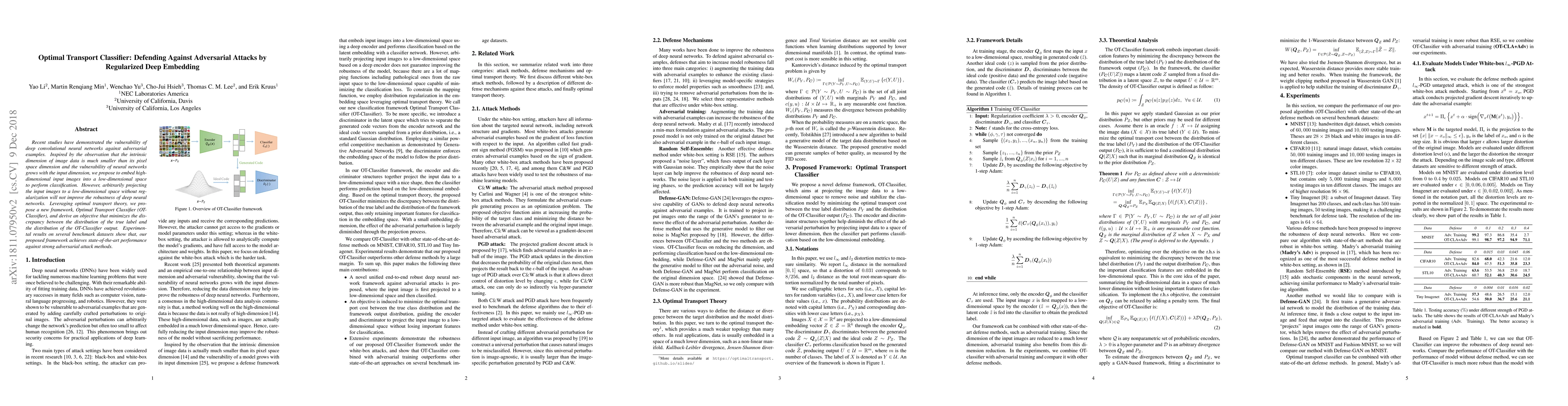 Thumbnail for Optimal Transport Classifier: Defending Against Adversarial Attacks by
  Regularized Deep Embedding