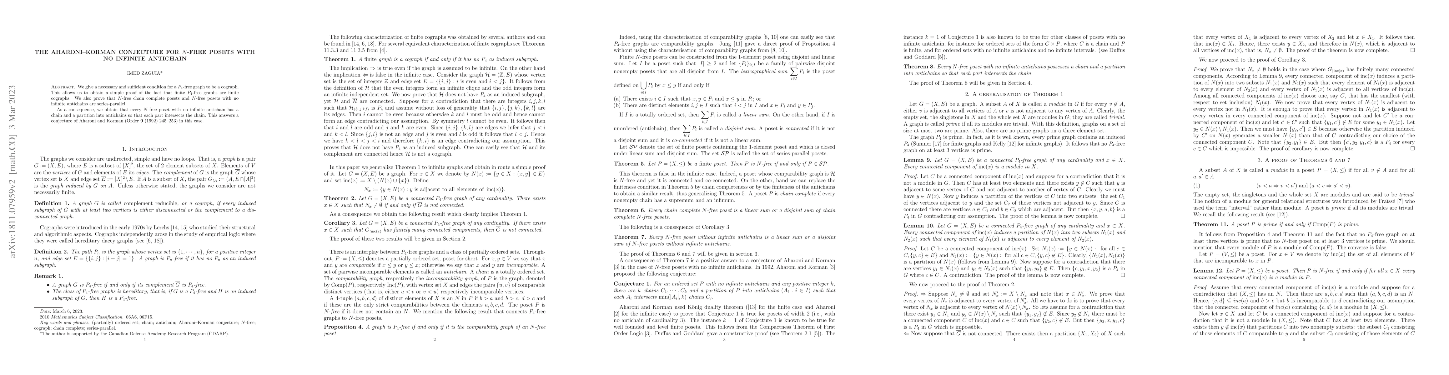 Thumbnail for The Aharoni--Korman conjecture for $N$-free posets with no infinite
  antichain