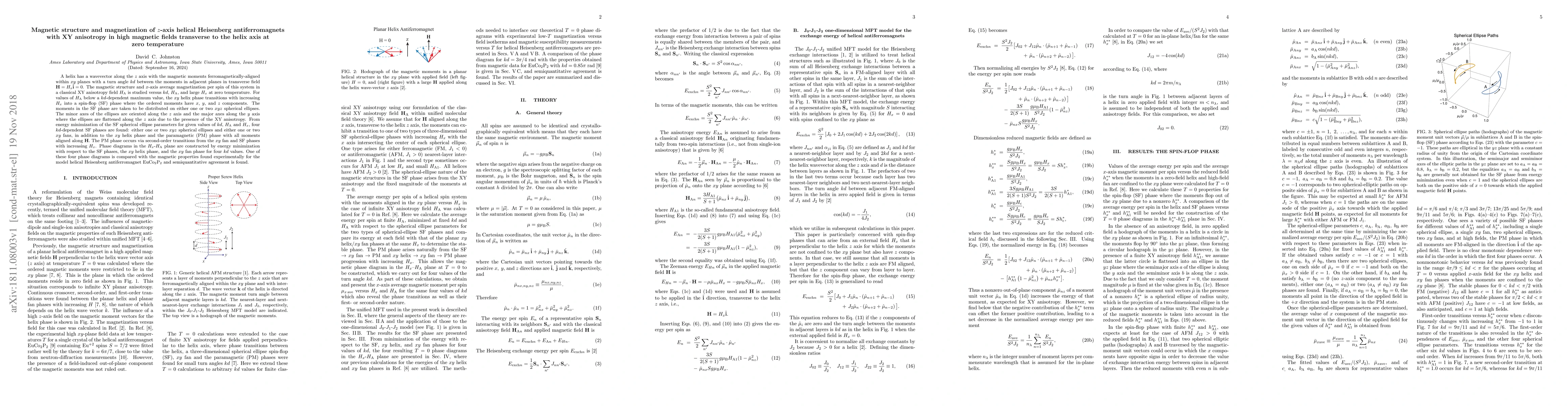 Thumbnail for Magnetic structure and magnetization of z-axis helical Heisenberg
  antiferromagnets with XY anisotropy in high magnetic fields transverse to the
  helix axis at zero temperature