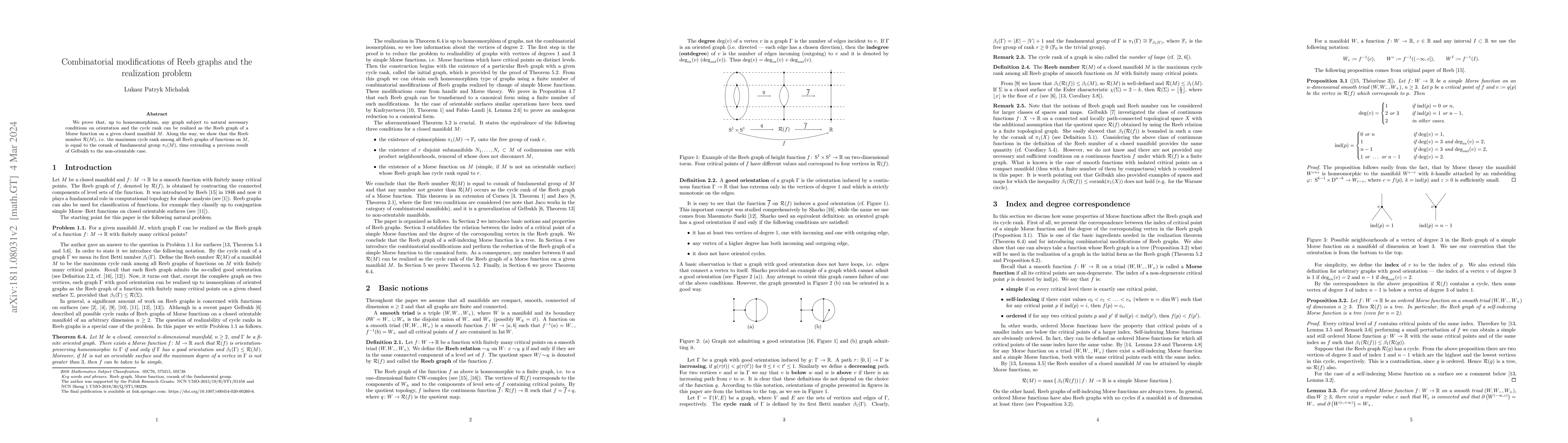 Thumbnail for Combinatorial modifications of Reeb graphs and the realization problem