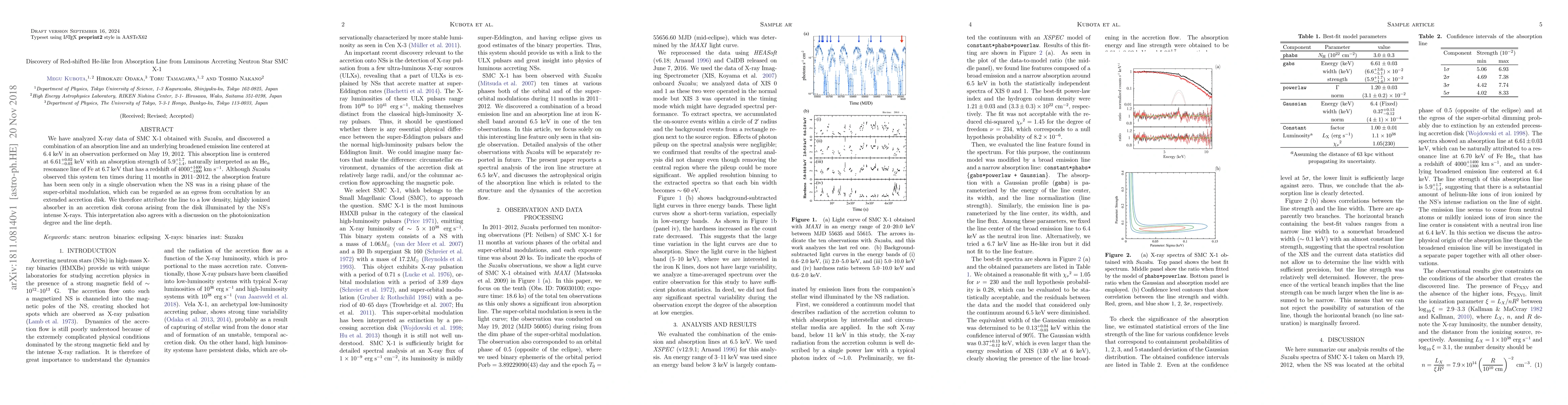 Thumbnail for Discovery of Red-shifted He-like Iron Absorption Line from Luminous
  Accreting Neutron Star SMC X-1