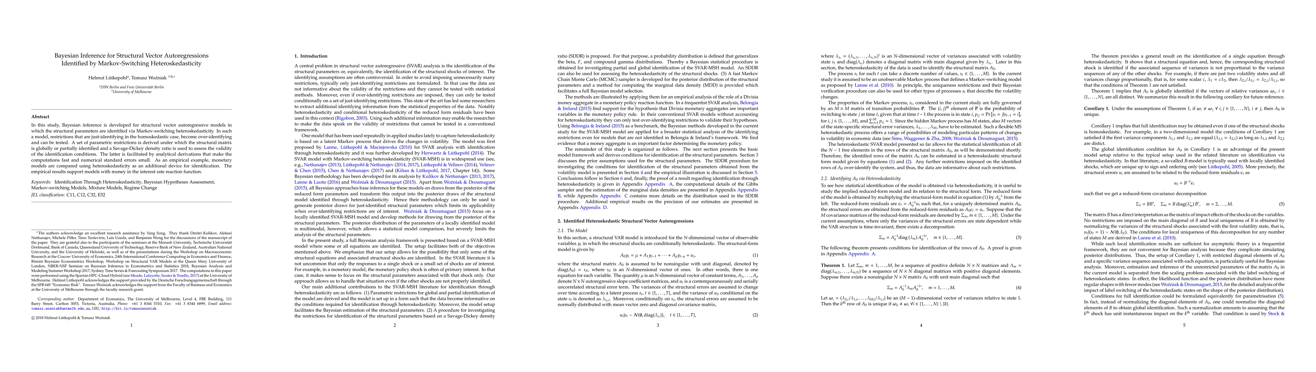 Thumbnail for Bayesian Inference for Structural Vector Autoregressions Identified by
  Markov-Switching Heteroskedasticity