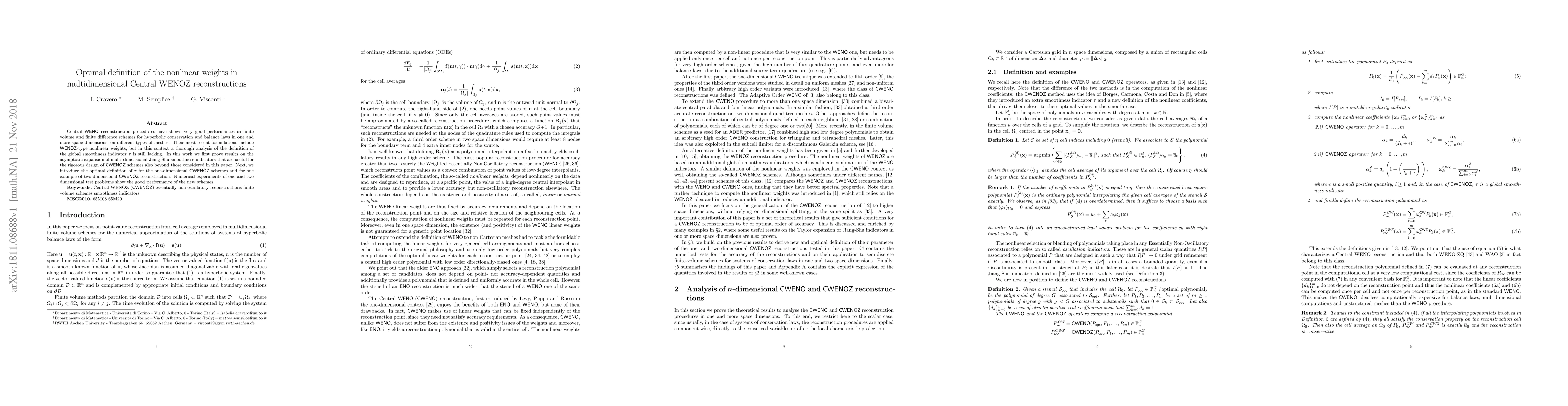 Thumbnail for Optimal definition of the nonlinear weights in multidimensional Central
  WENOZ reconstructions