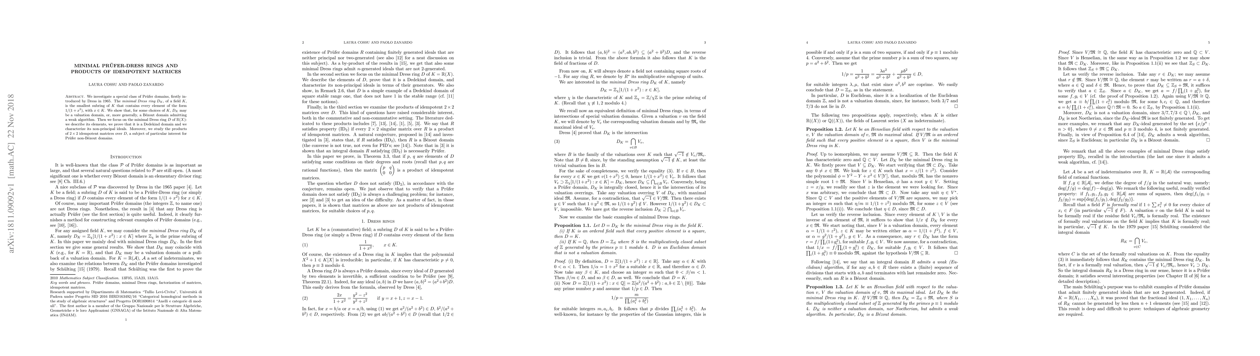 Thumbnail for Minimal Pr\"ufer-Dress rings and products of idempotent matrices