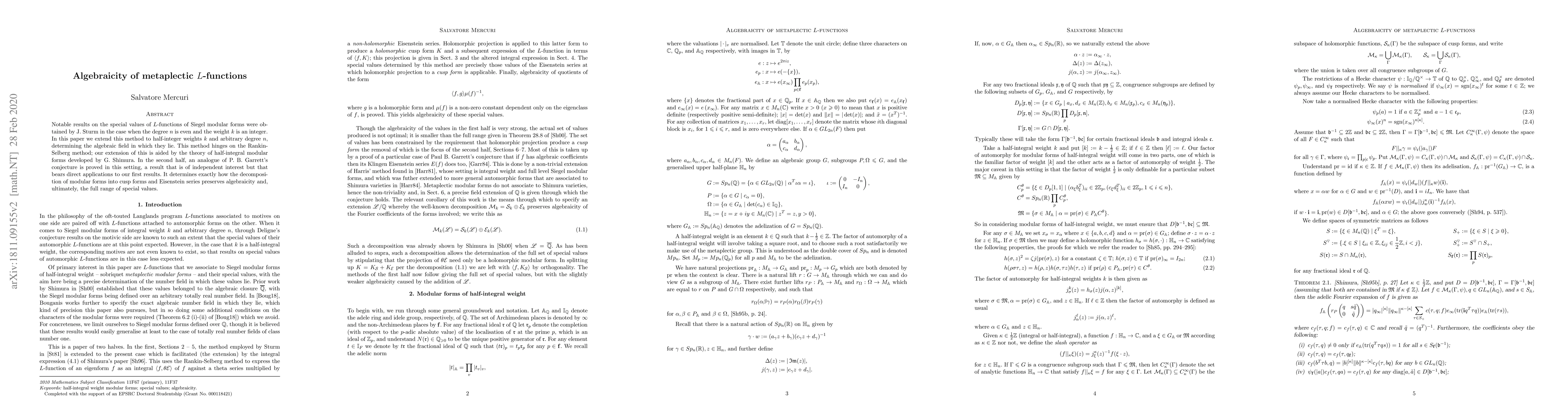 Thumbnail for Algebraicity of metaplectic $L$-functions