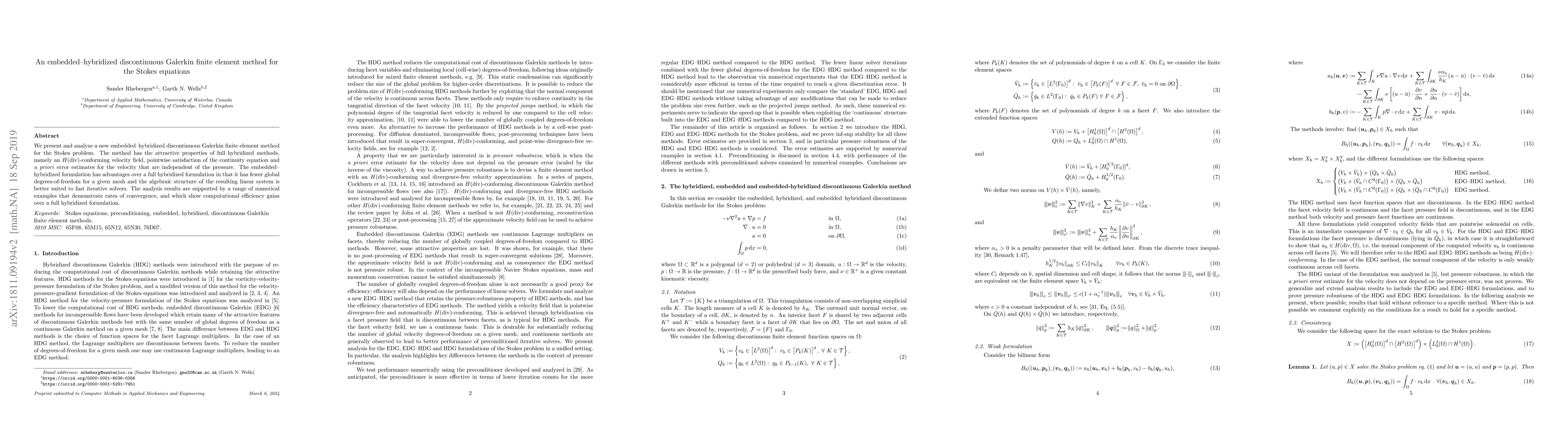 Thumbnail for An embedded--hybridized discontinuous Galerkin finite element method for
  the Stokes equations