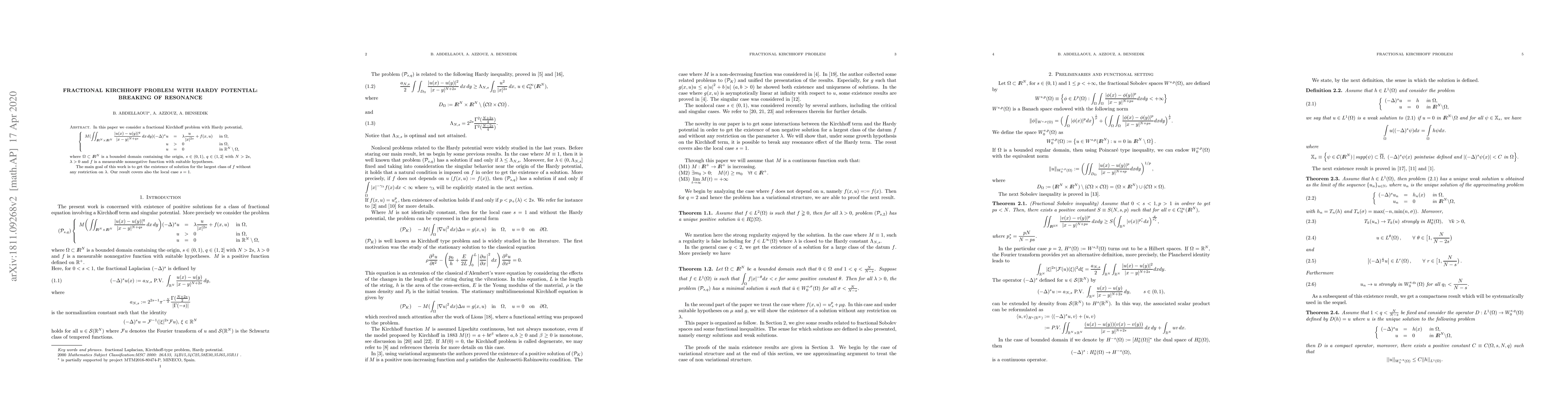 Thumbnail for Fractional Kirchhoff problem with Hardy potentiel: Breaking of resonance
