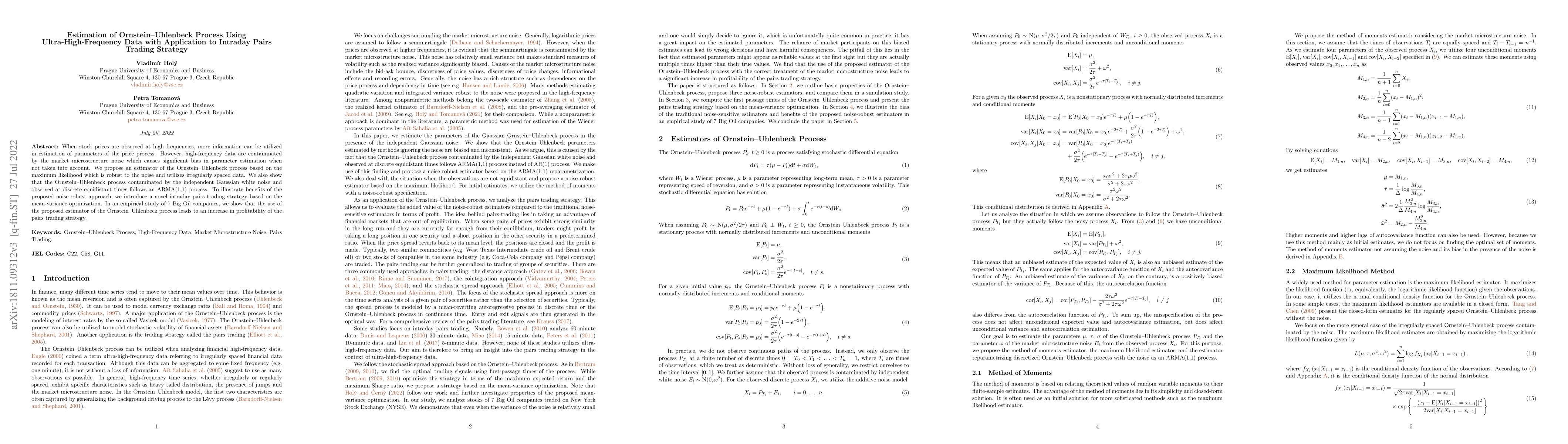 Thumbnail for Estimation of Ornstein-Uhlenbeck Process Using Ultra-High-Frequency Data
  with Application to Intraday Pairs Trading Strategy