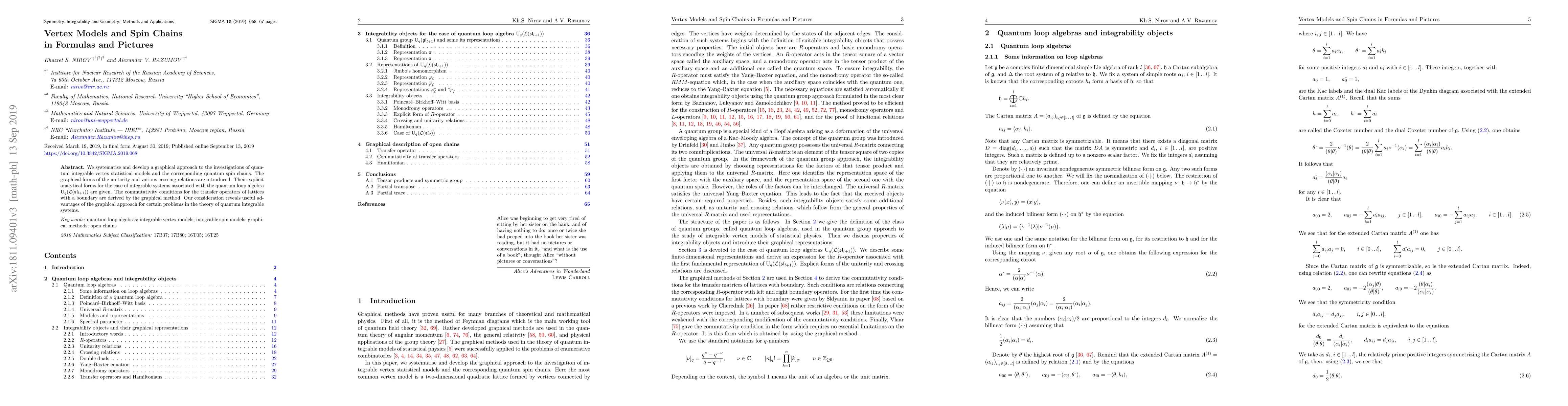 Thumbnail for Vertex Models and Spin Chains in Formulas and Pictures