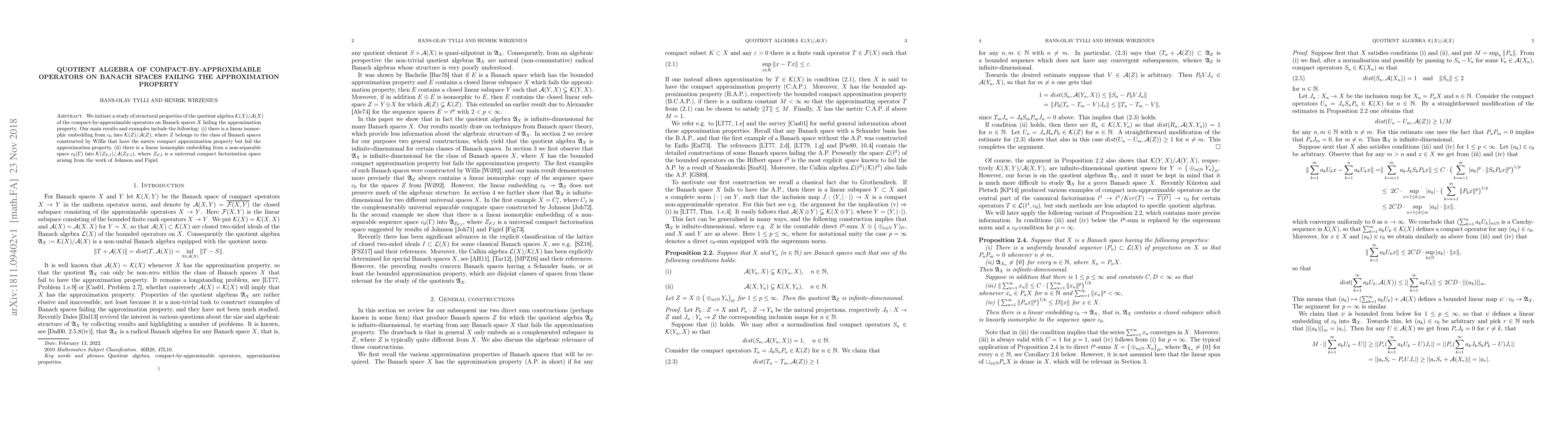Thumbnail for Quotient algebra of compact-by-approximable operators on Banach spaces
  failing the approximation property