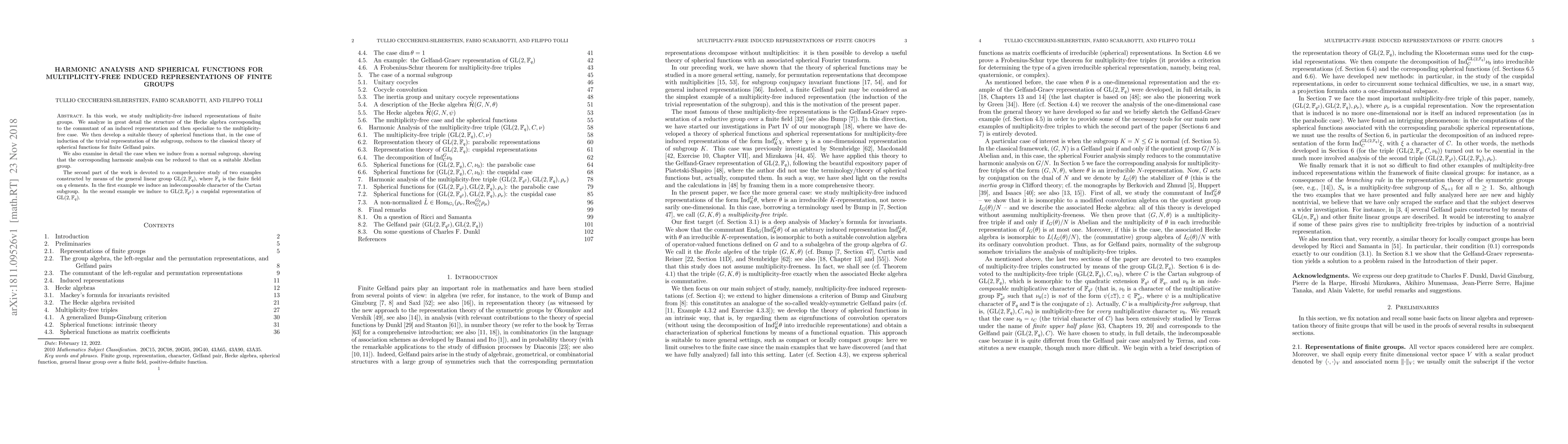 Thumbnail for Harmonic analysis and spherical functions for multiplicity-free induced
  representations of finite groups