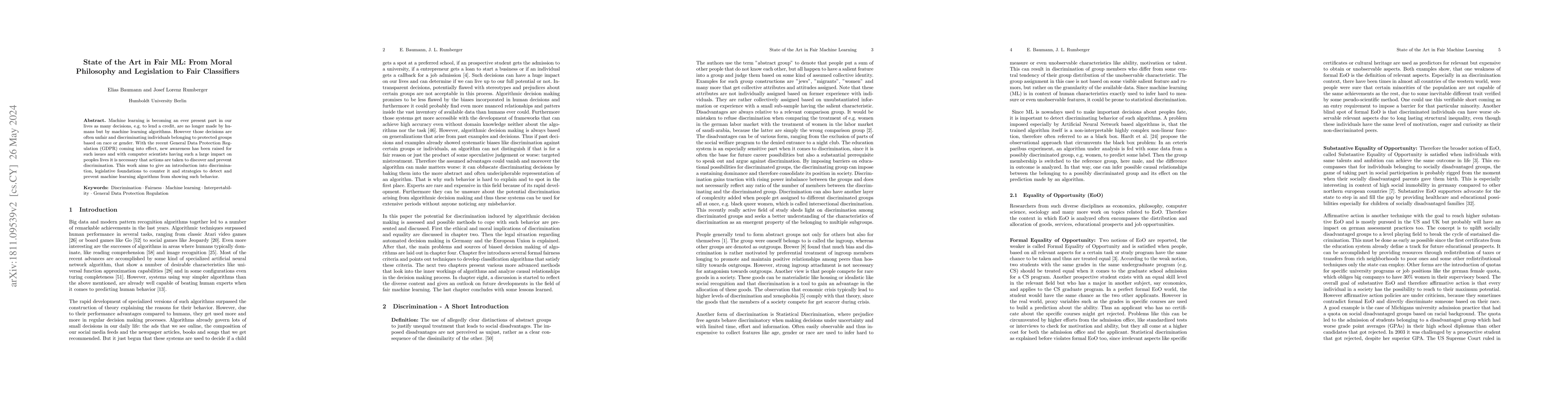 Thumbnail for State of the Art in Fair ML: From Moral Philosophy and Legislation to
  Fair Classifiers