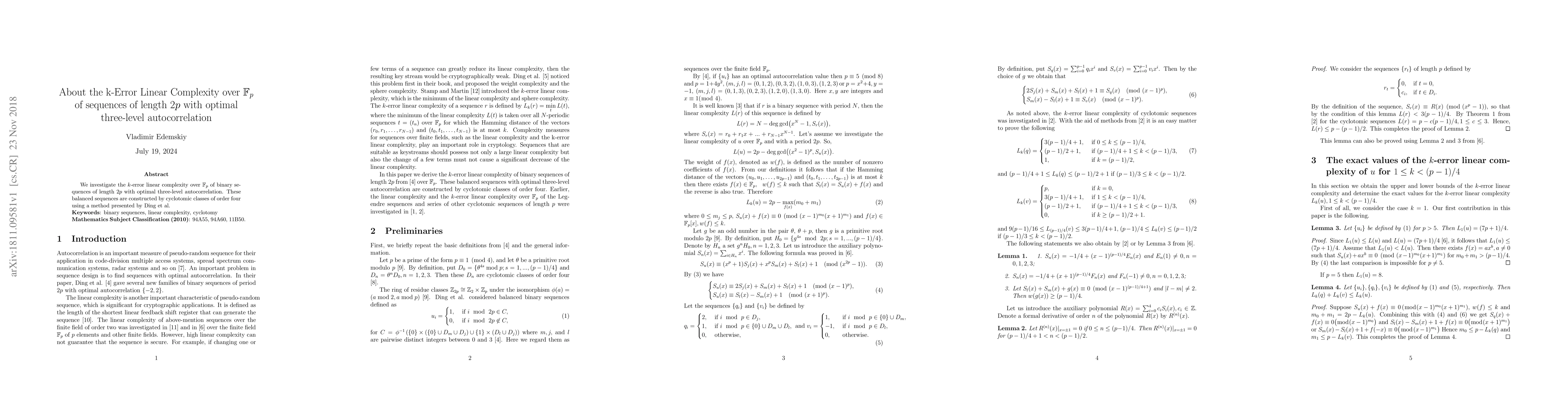 Thumbnail for About the k-Error Linear Complexity over $\mathbb{F}_p$ of sequences of
  length 2$p$ with optimal three-level autocorrelation