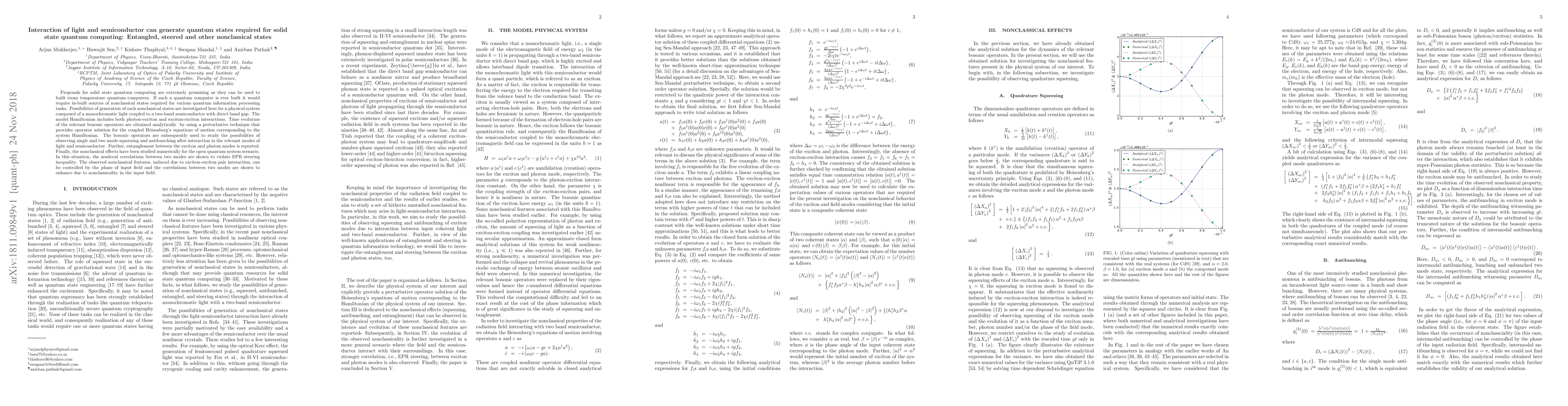Thumbnail for Interaction of light and semiconductor can generate quantum states
  required for solid state quantum computing: Entangled, steered and other
  nonclassical states