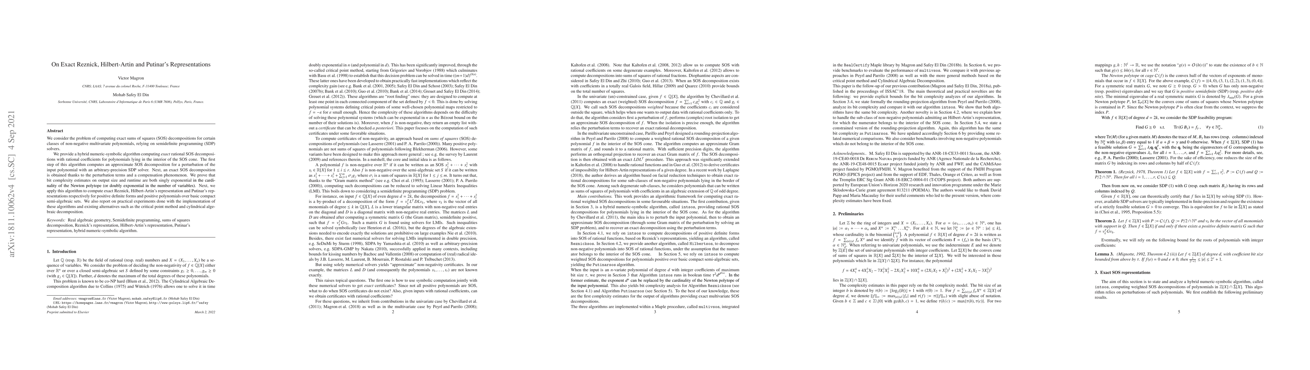 Thumbnail for On Exact Reznick, Hilbert-Artin and Putinar's Representations