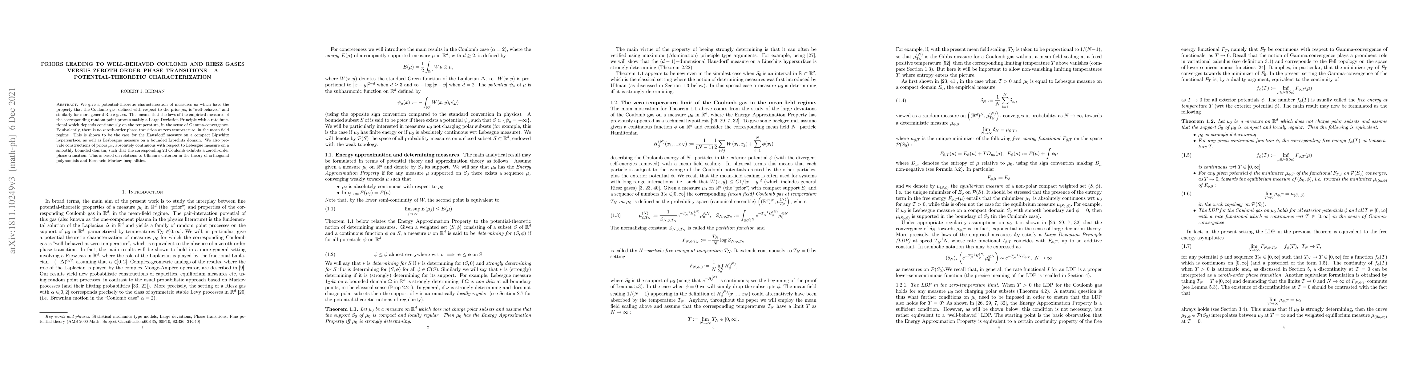 Thumbnail for Priors leading to well-behaved Coulomb and Riesz gases versus
  zeroth-order phase transitions -- a potential-theoretic characterization
