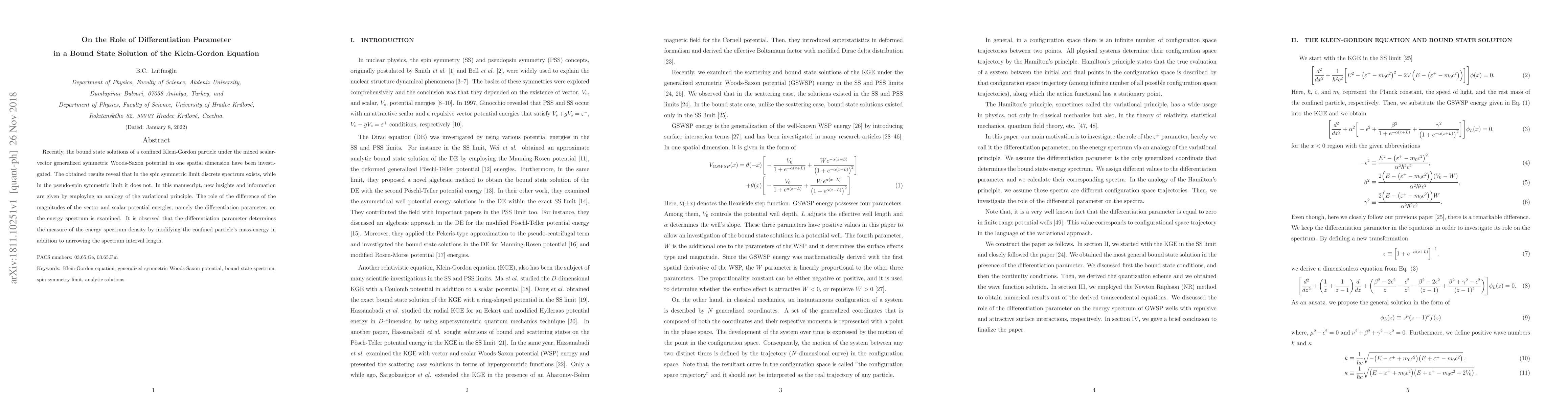 Thumbnail for On the Role of Differentiation Parameter in a Bound State Solution of
  the Klein-Gordon Equation