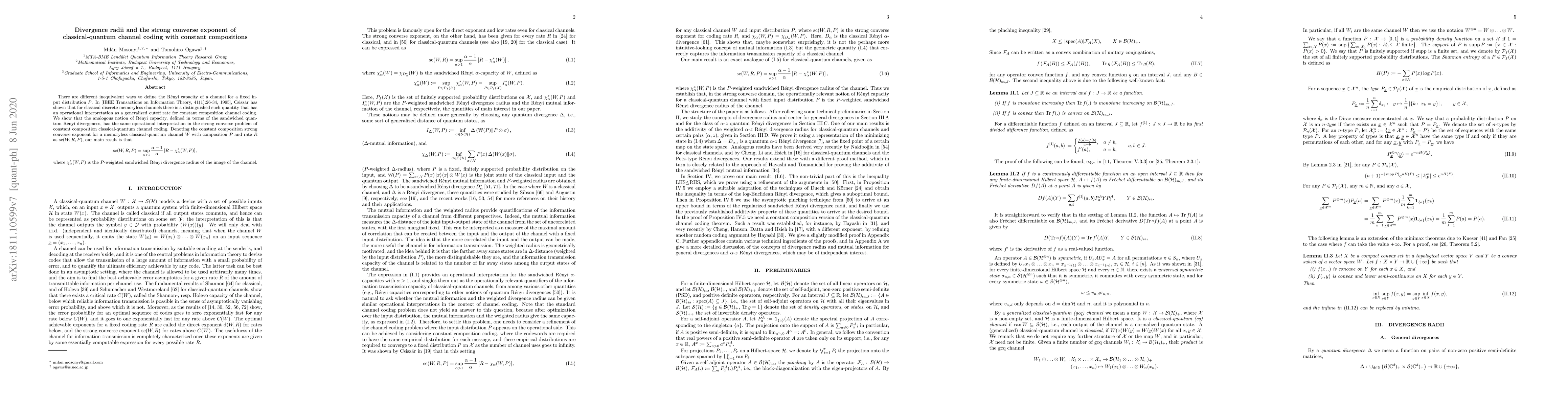 Thumbnail for Divergence radii and the strong converse exponent of classical-quantum
  channel coding with constant compositions