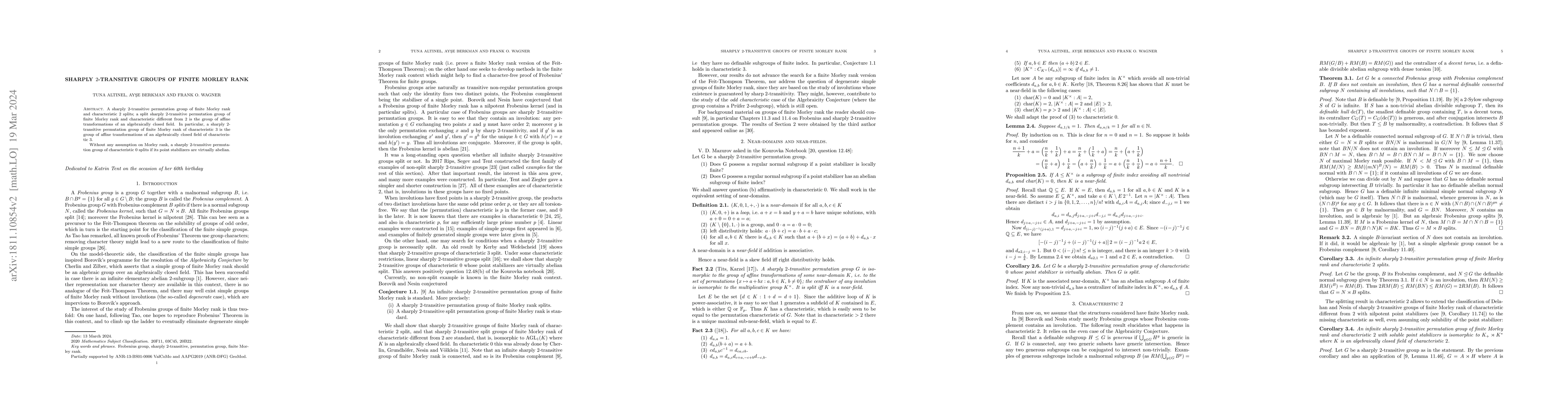 Thumbnail for Sharply 2-transitive groups of finite Morley rank