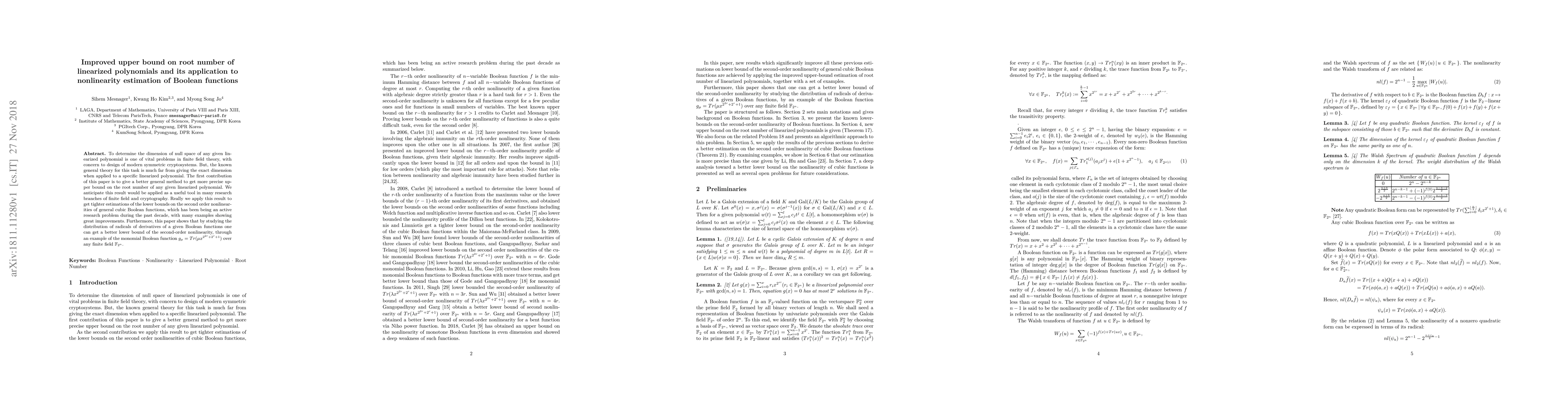 Thumbnail for Improved upper bound on root number of linearized polynomials and its
  application to nonlinearity estimation of Boolean functions