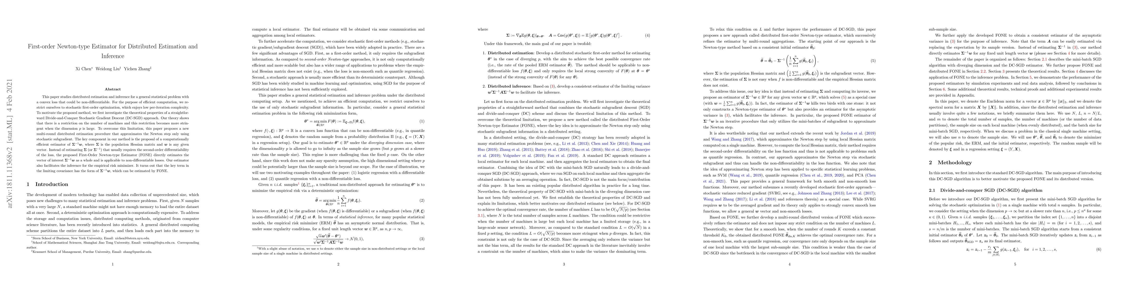 Thumbnail for First-order Newton-type Estimator for Distributed Estimation and
  Inference