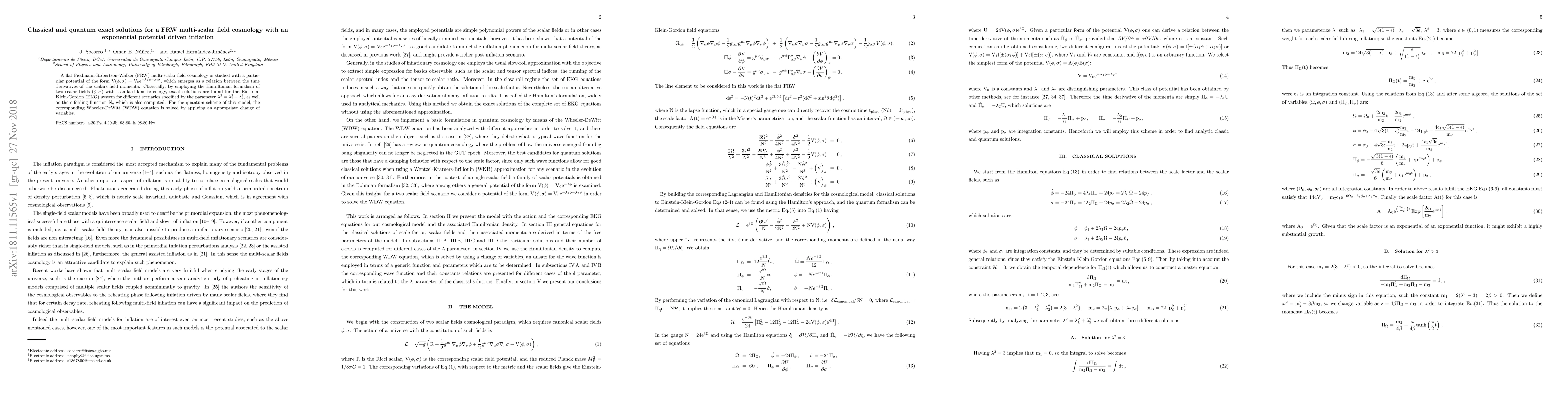 Thumbnail for Classical and quantum exact solutions for a FRW multi-scalar field
  cosmology with an exponential potential driven inflation