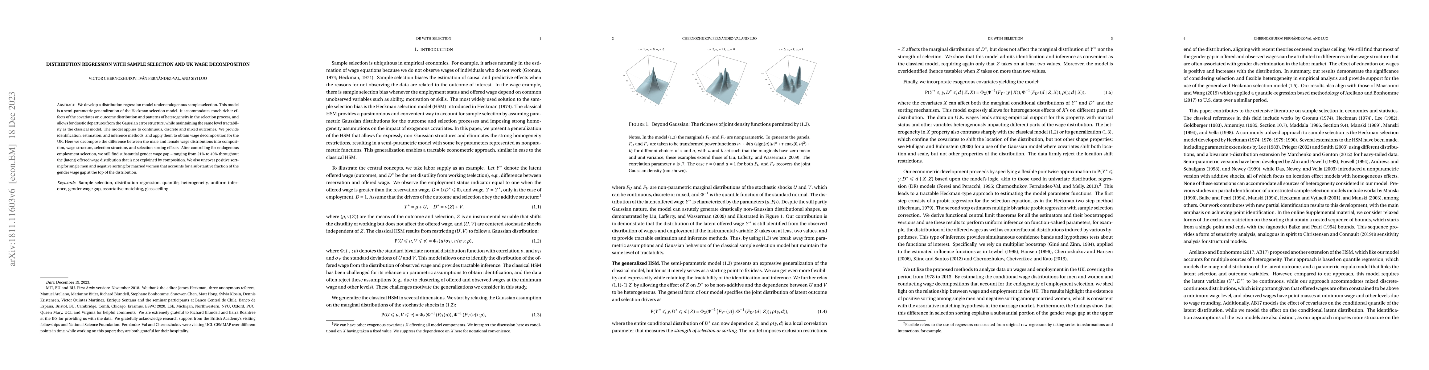 Thumbnail for Distribution Regression with Sample Selection, with an Application to
  Wage Decompositions in the UK