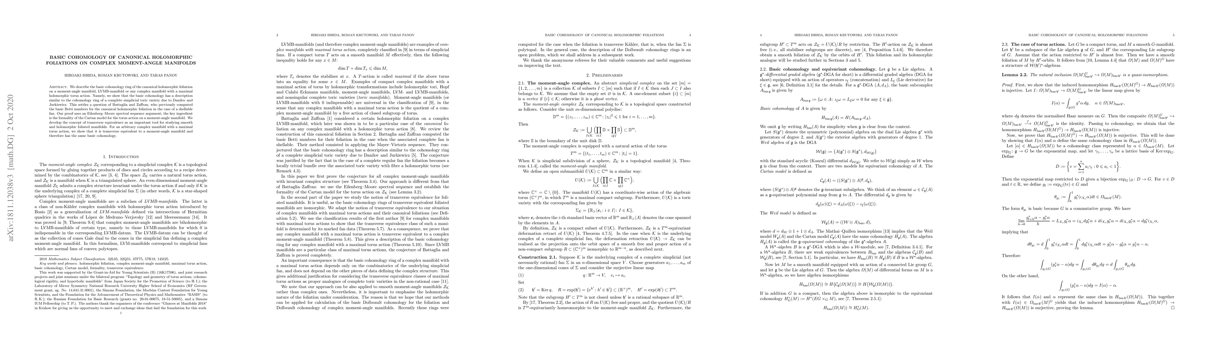 Thumbnail for Basic cohomology of canonical holomorphic foliations on complex
  moment-angle manifolds