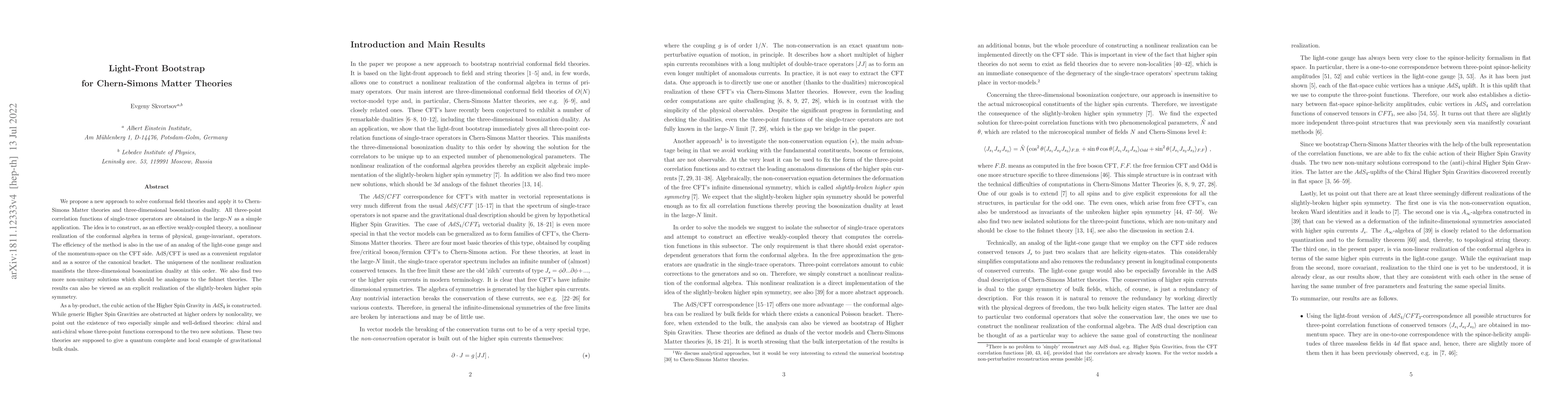 Thumbnail for Light-Front Bootstrap for Chern-Simons Matter Theories