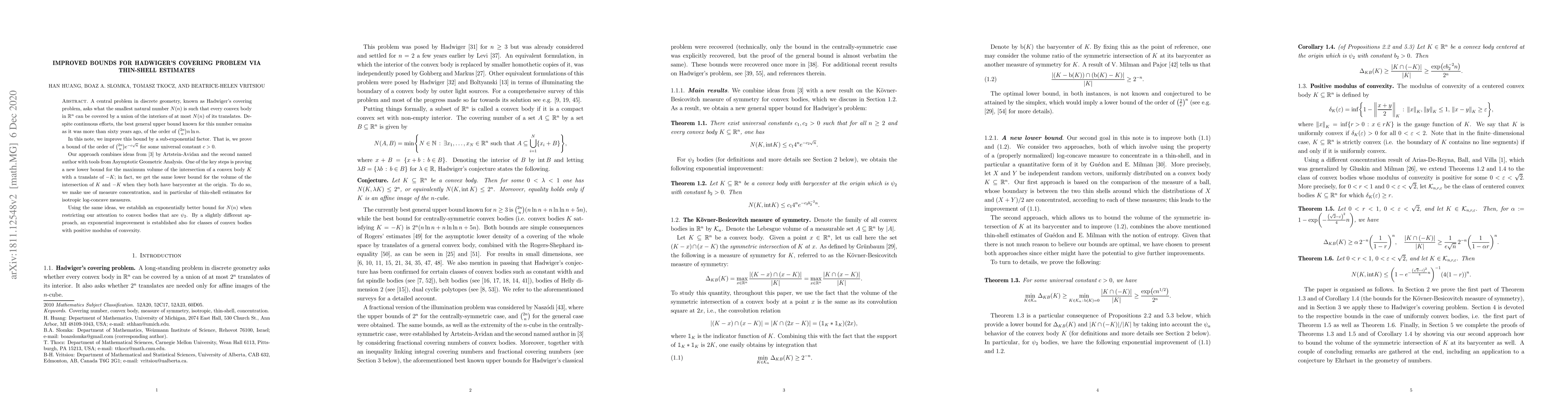 Thumbnail for Improved bounds for Hadwiger's covering problem via thin-shell estimates