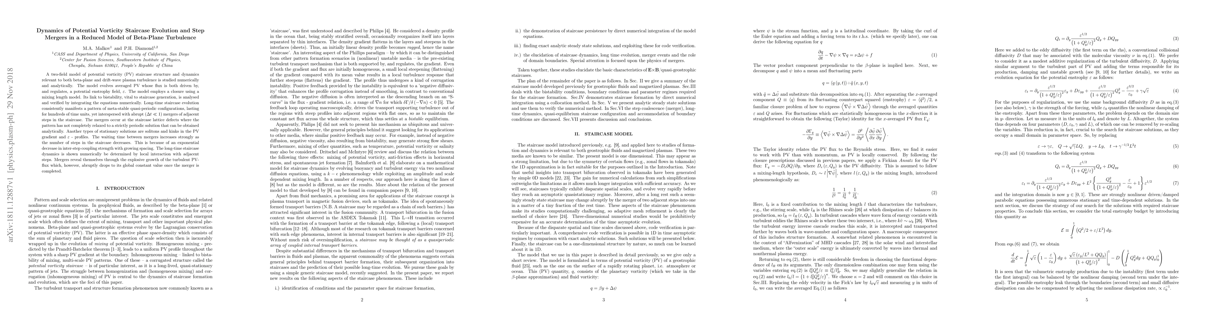 Thumbnail for Dynamics of Potential Vorticity Staircase Evolution and Step Mergers in
  a Reduced Model of Beta-Plane Turbulence