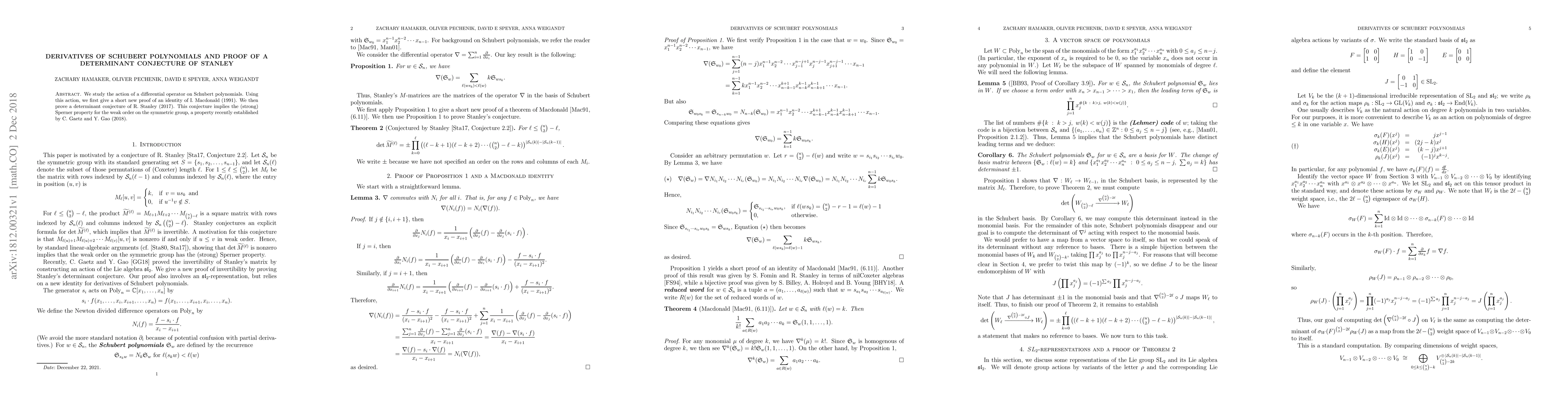 Thumbnail for Derivatives of Schubert polynomials and proof of a determinant
  conjecture of Stanley