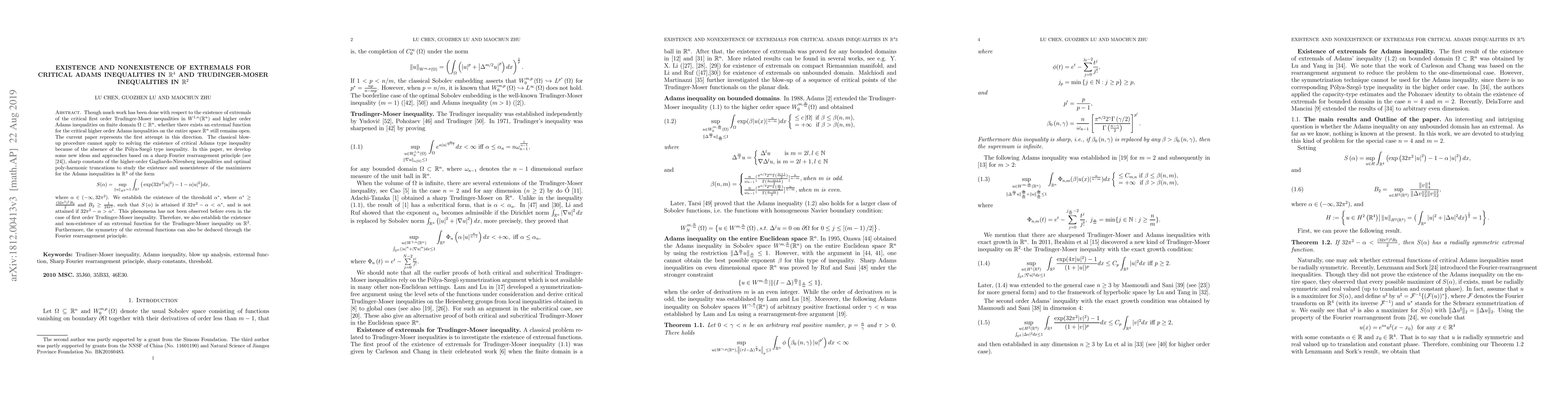 Thumbnail for Existence and Nonexistence of Extremals for critical Adams inequalities
  in R4 and Trudinger-Moser inequalities in R2