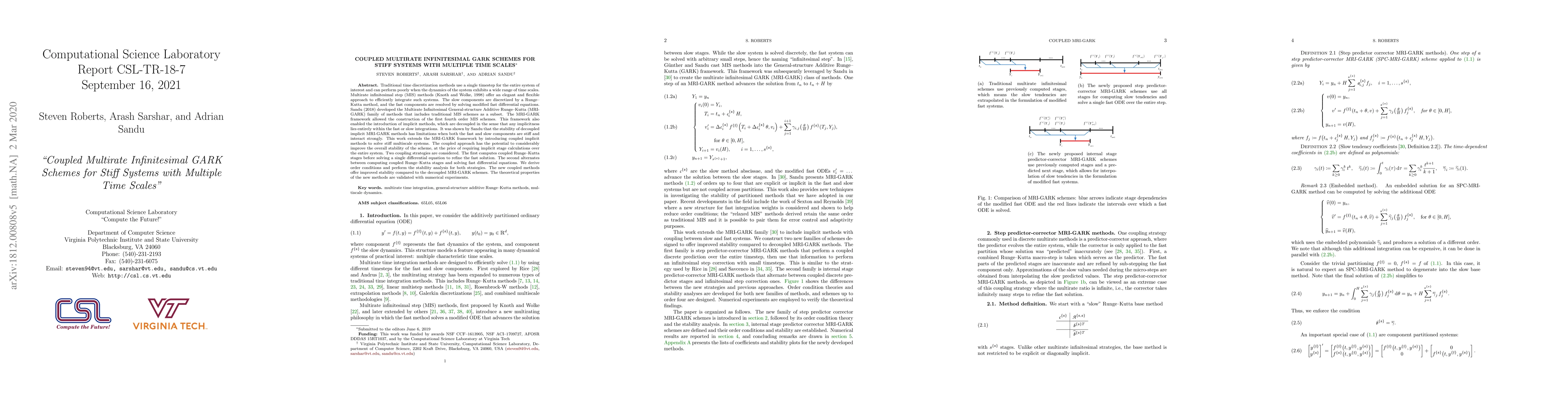 Thumbnail for Coupled Multirate Infinitesimal GARK Schemes for Stiff Systems with
  Multiple Time Scales