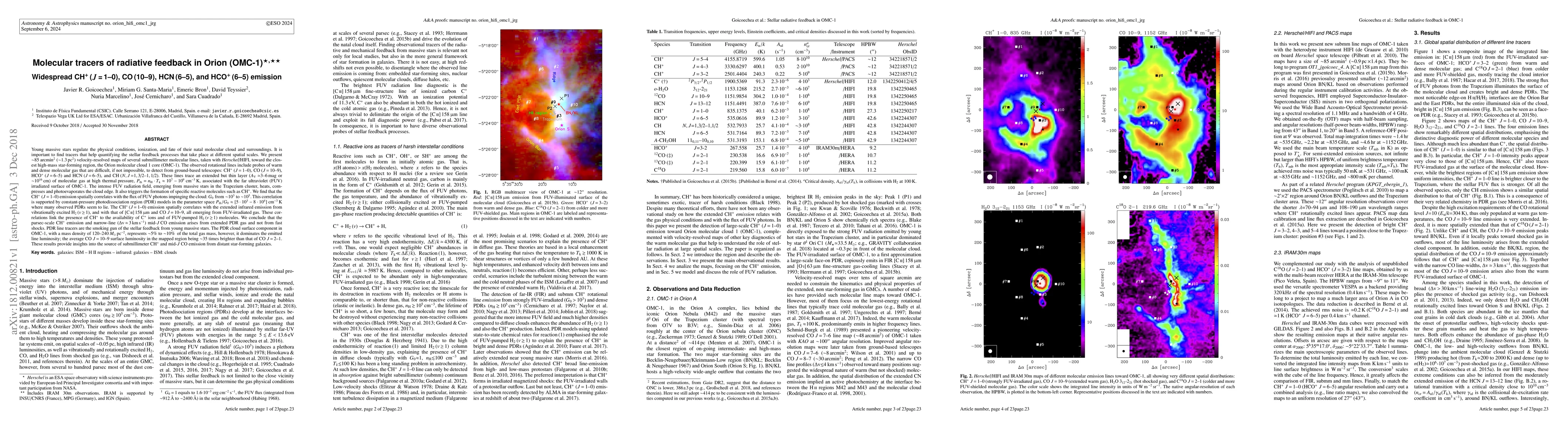 Thumbnail for Molecular tracers of radiative feedback in Orion (OMC-1). Widespread CH+
  (J=1-0), CO (10-9), HCN (6-5), and HCO+ (6-5) emission