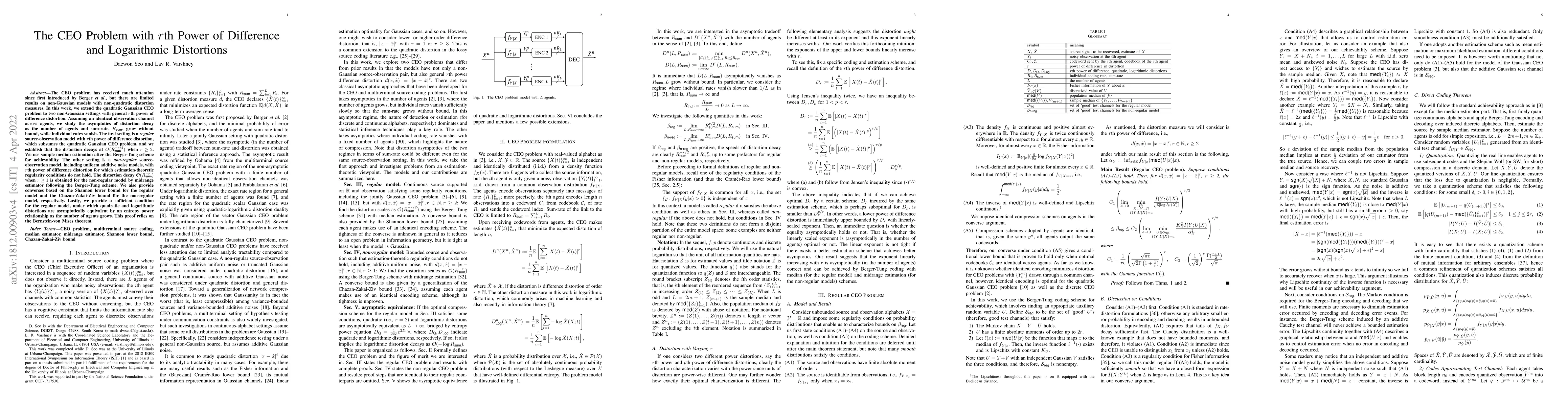 Thumbnail for The CEO Problem with $r$th Power of Difference and Logarithmic
  Distortions