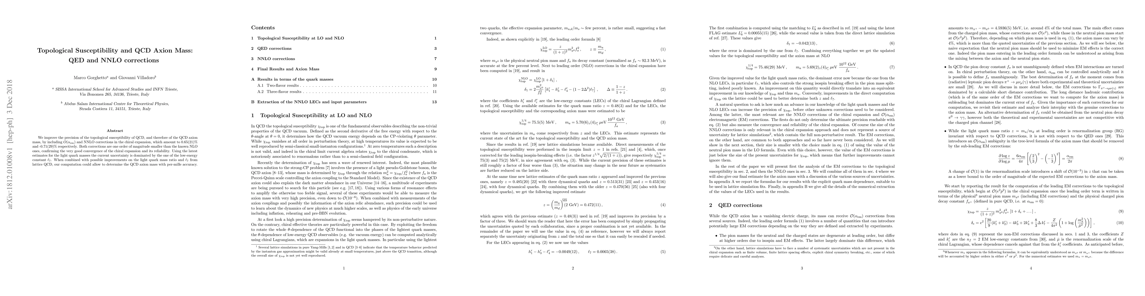 Thumbnail for Topological Susceptibility and QCD Axion Mass: QED and NNLO corrections