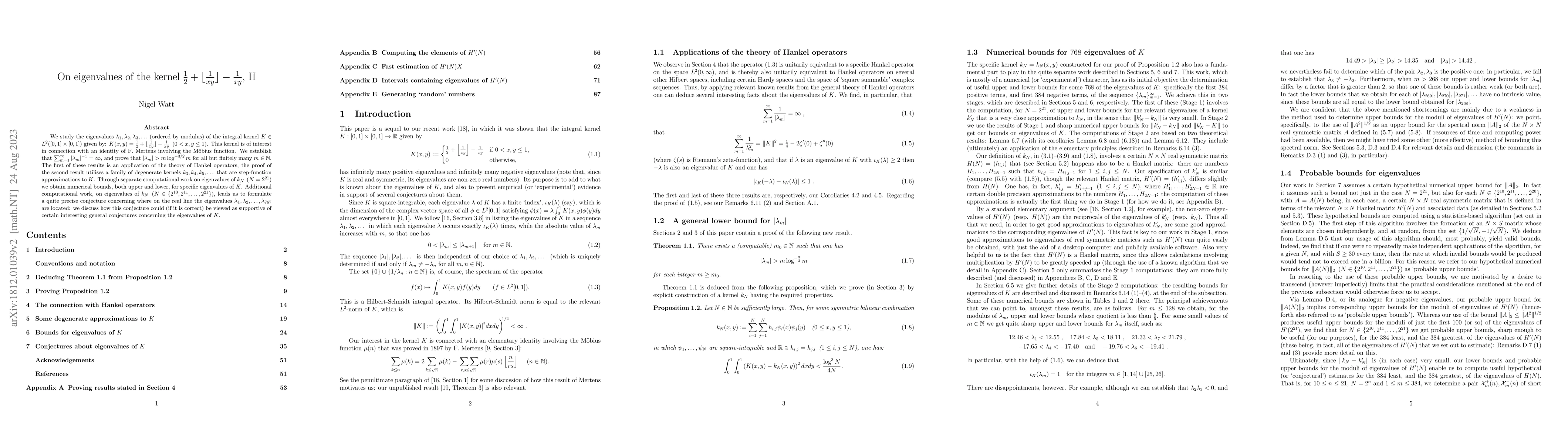 Thumbnail for On eigenvalues of the kernel $\frac{1}{2} + \lfloor \frac{1}{xy}\rfloor
  - \frac{1}{xy}$, II