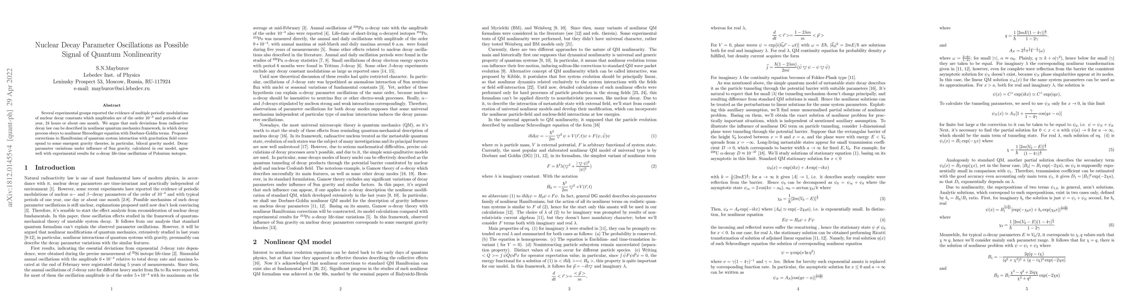Thumbnail for Nuclear decay parameter oscillations as possible signal of
  quantum-mechanical nonlinearity and emergent gravity