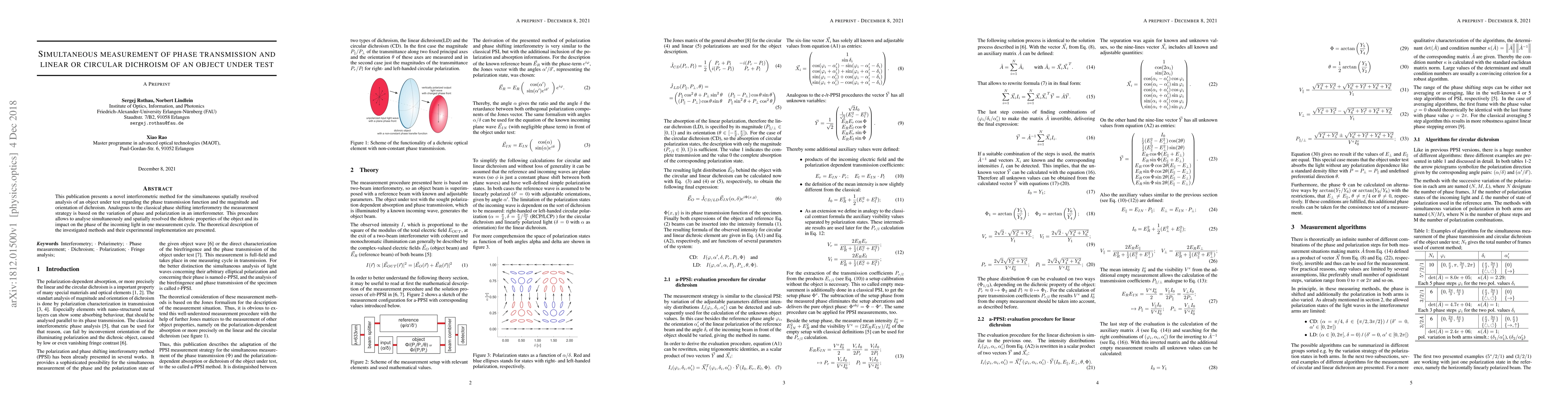 Thumbnail for Simultaneous measurement of phase transmission and linear or circular
  dichroism of an object under test