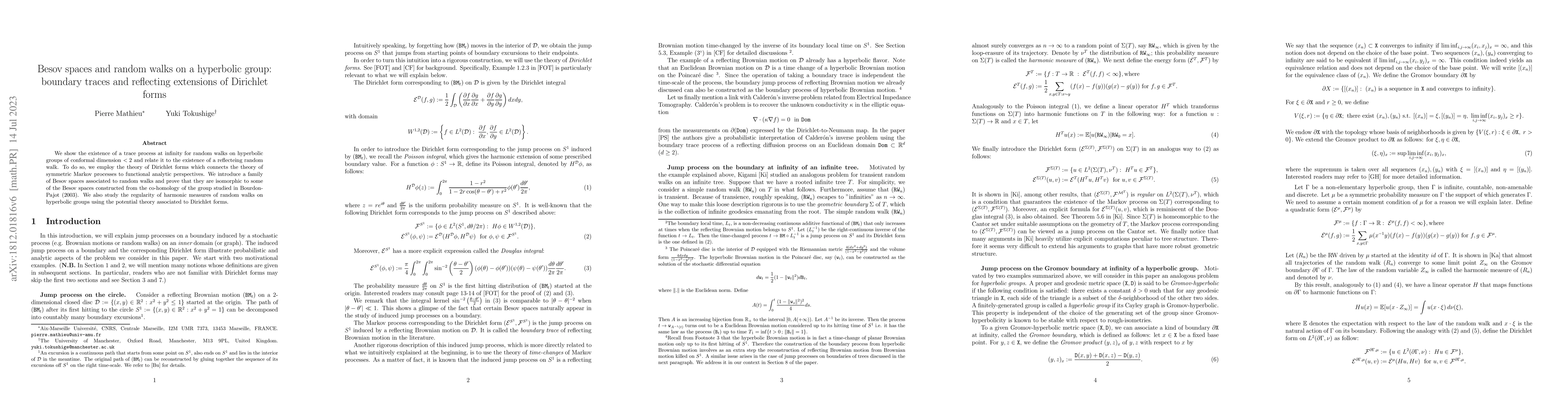Thumbnail for Besov spaces and random walks on a hyperbolic group: boundary traces and
  reflecting extensions of Dirichlet forms