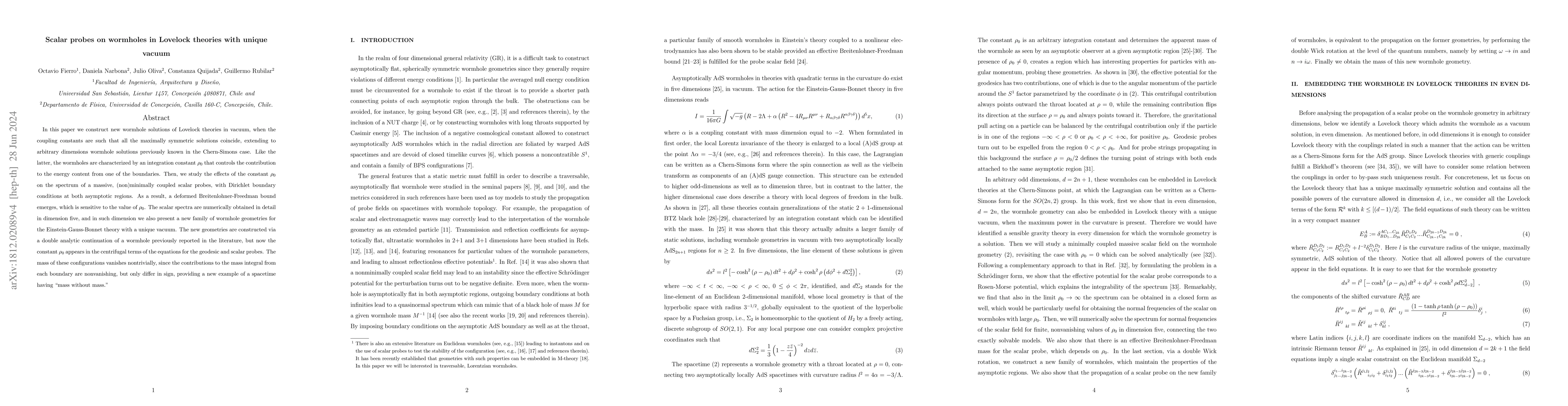Thumbnail for Scalar probes on wormholes in Lovelock theories with unique vacuum