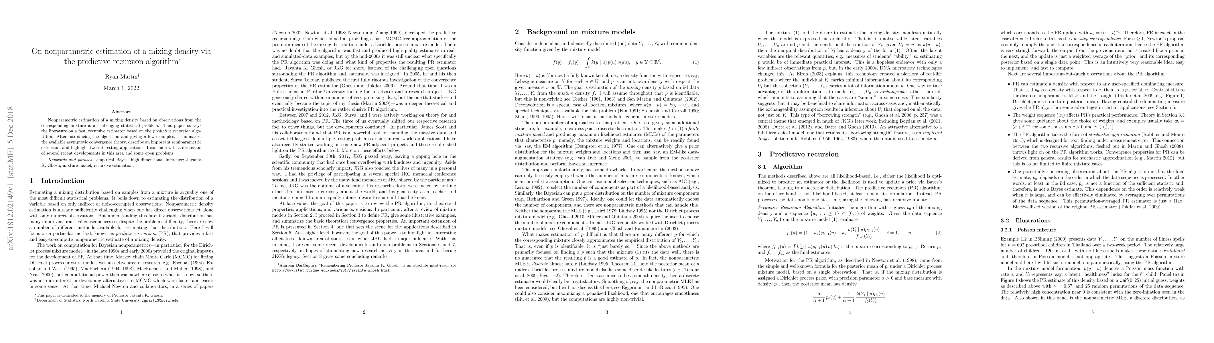 Thumbnail for On nonparametric estimation of a mixing density via the predictive
  recursion algorithm