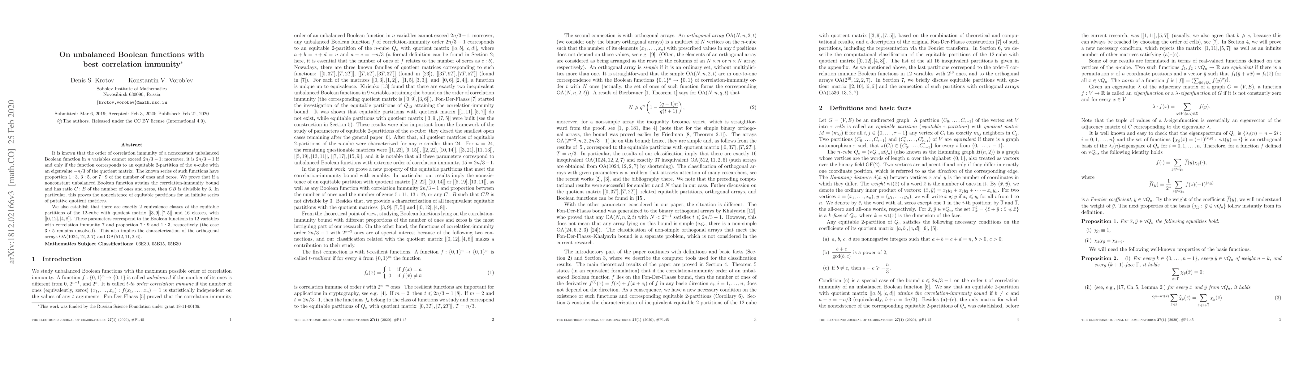 Thumbnail for On unbalanced Boolean functions with best correlation immunity