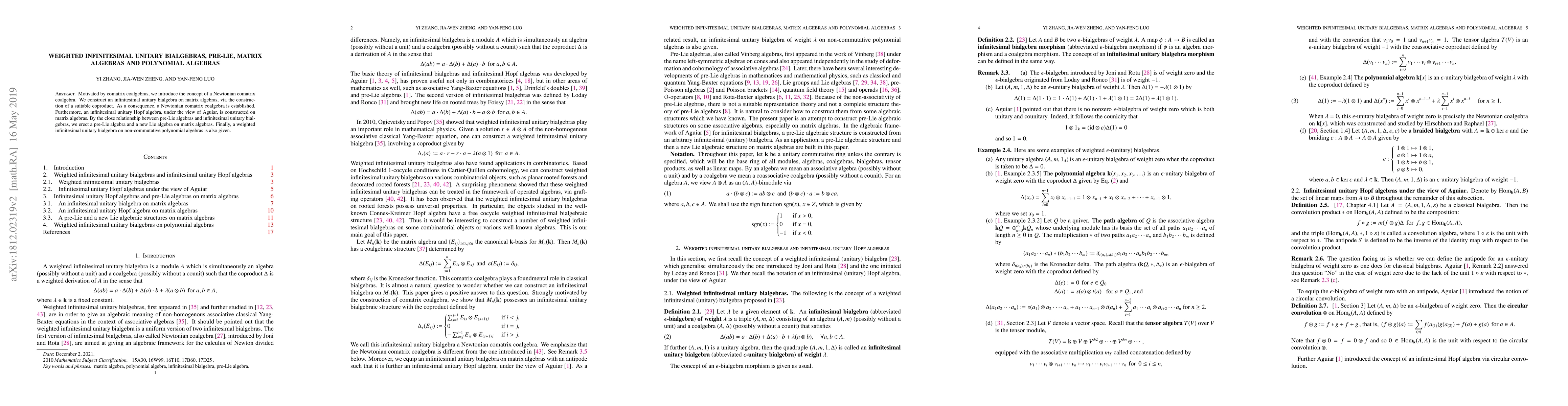 Thumbnail for Weighted infinitesimal unitary bialgebras, pre-Lie, matrix algebras and
  polynomial algebras
