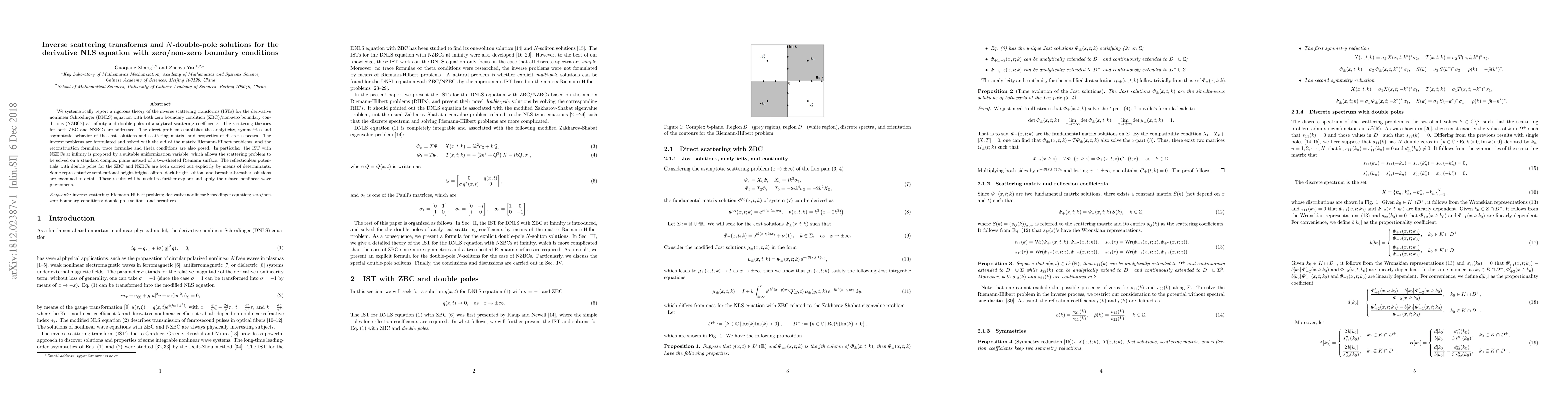 Thumbnail for Inverse scattering transforms and N-double-pole solutions for the
  derivative NLS equation with zero/non-zero boundary conditions