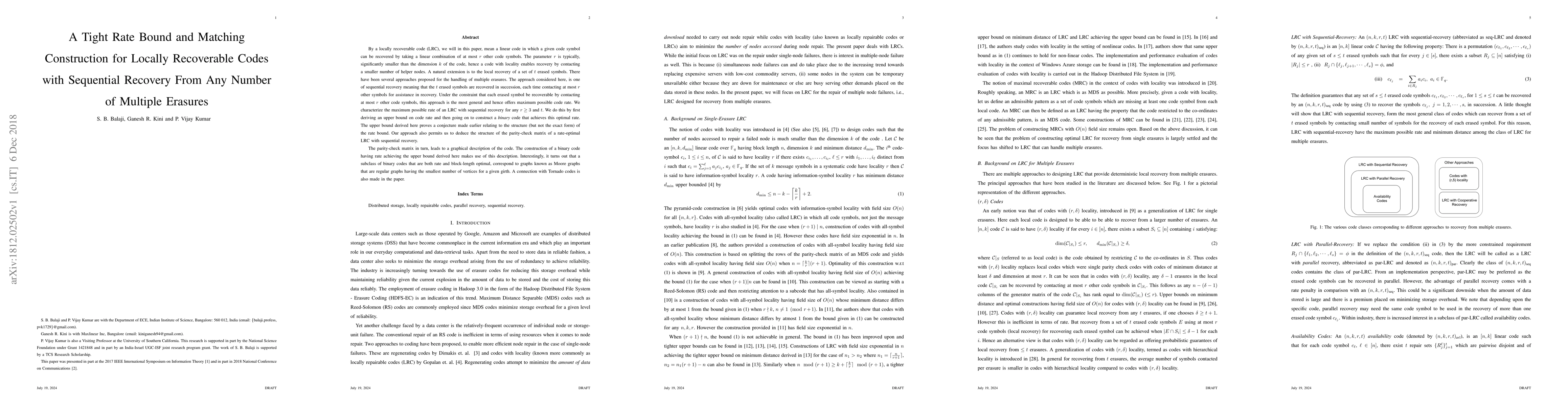Thumbnail for A Tight Rate Bound and Matching Construction for Locally Recoverable
  Codes with Sequential Recovery From Any Number of Multiple Erasures